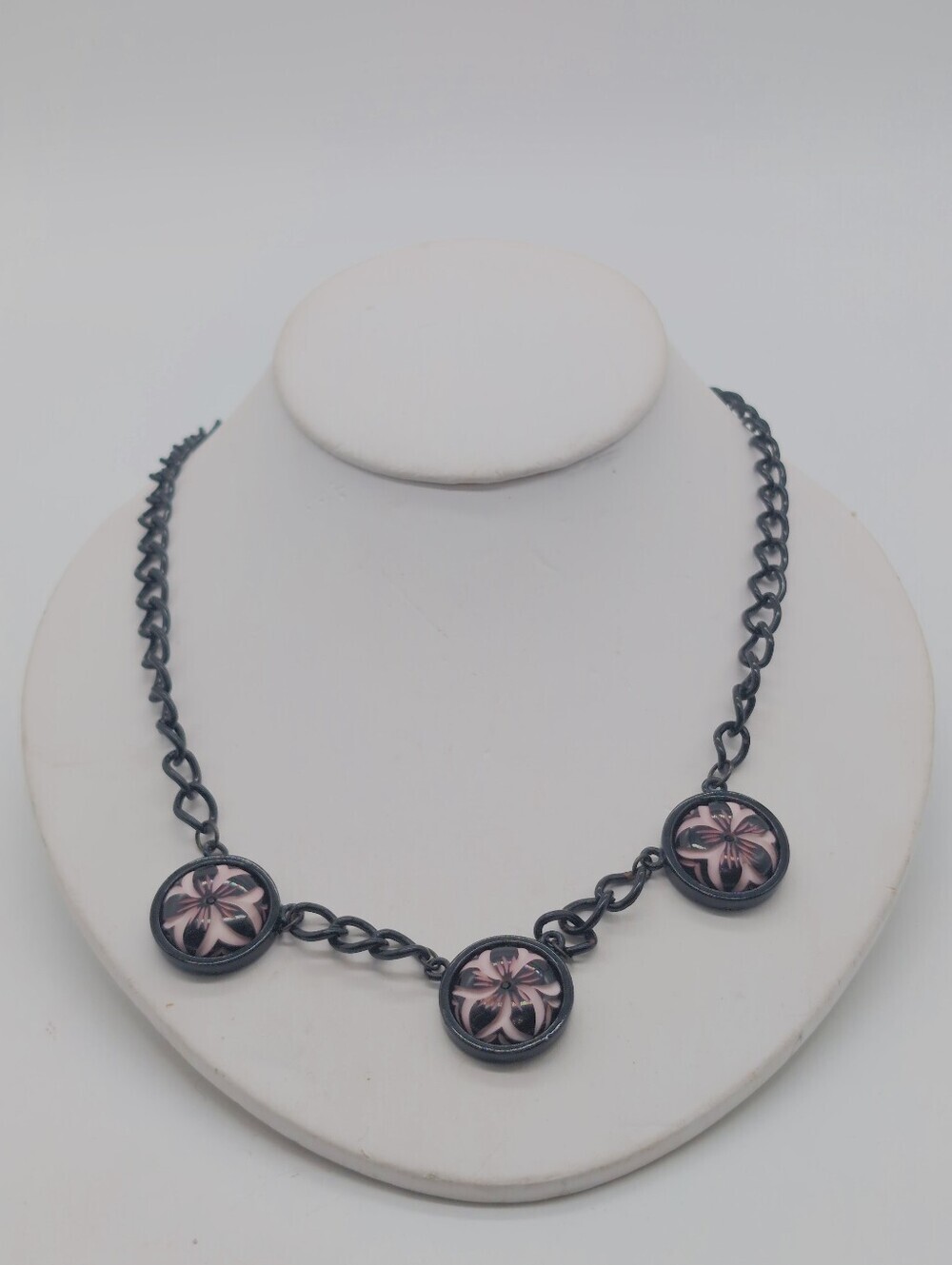 Art Noveau Black Chain Necklace with Pink Purple Floral Medallions 21"